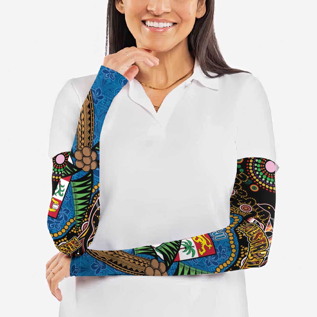 Fijian and Australian Culture Together Arm Sleeves Aboriginal Art and Tapa Motifs with Kangaroo and Palm Tree - Polynesian Pride