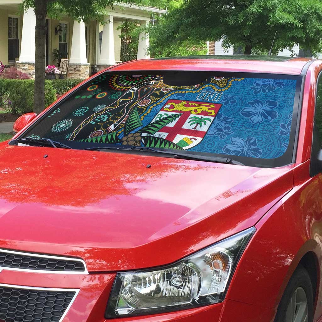 Fijian and Australian Culture Together Auto Sun Shade Aboriginal Art and Tapa Motifs with Kangaroo and Palm Tree - Polynesian Pride