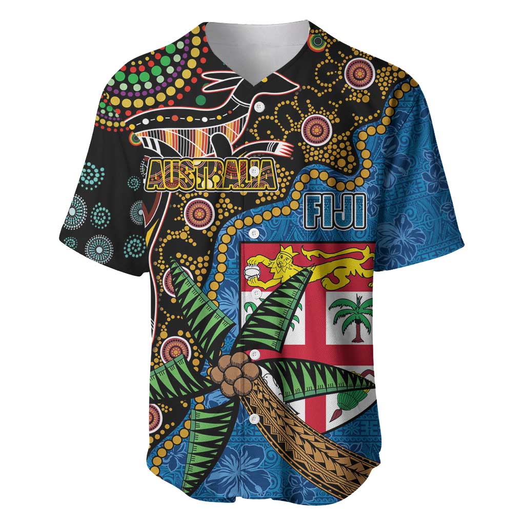 Fijian and Australian Culture Together Baseball Jersey Aboriginal Art and Tapa Motifs with Kangaroo and Palm Tree - Polynesian Pride