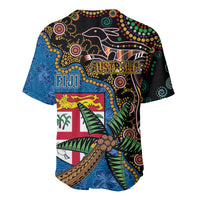 Fijian and Australian Culture Together Baseball Jersey Aboriginal Art and Tapa Motifs with Kangaroo and Palm Tree - Polynesian Pride
