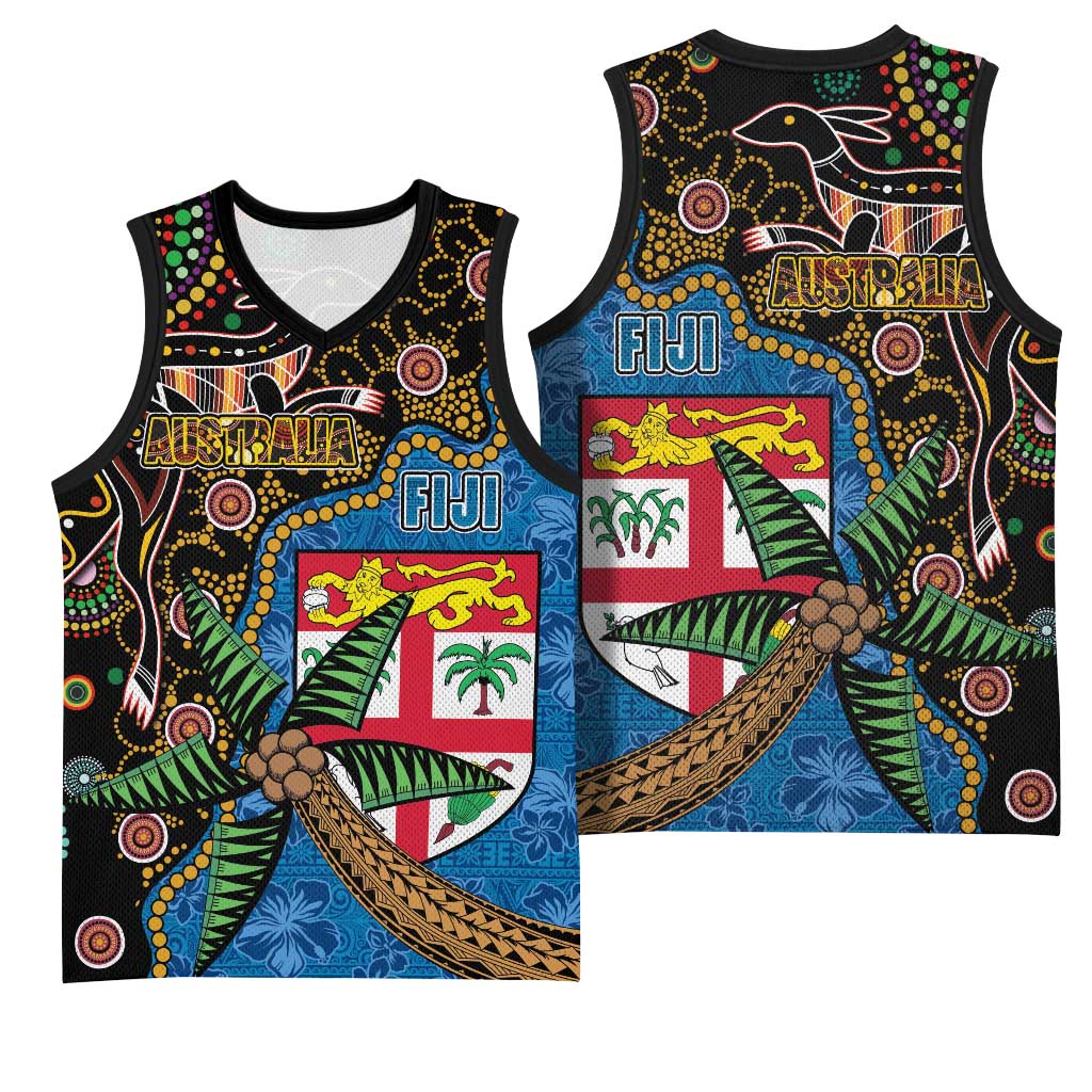 Fijian and Australian Culture Together Basketball Jersey Aboriginal Art and Tapa Motifs with Kangaroo and Palm Tree - Polynesian Pride