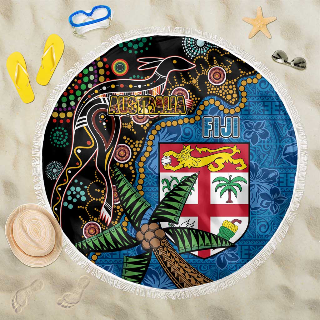 Fijian and Australian Culture Together Beach Blanket Aboriginal Art and Tapa Motifs with Kangaroo and Palm Tree - Polynesian Pride