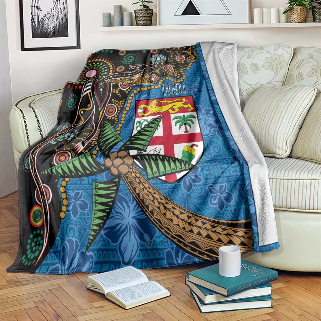 Fijian and Australian Culture Together Blanket Aboriginal Art and Tapa Motifs with Kangaroo and Palm Tree - Polynesian Pride