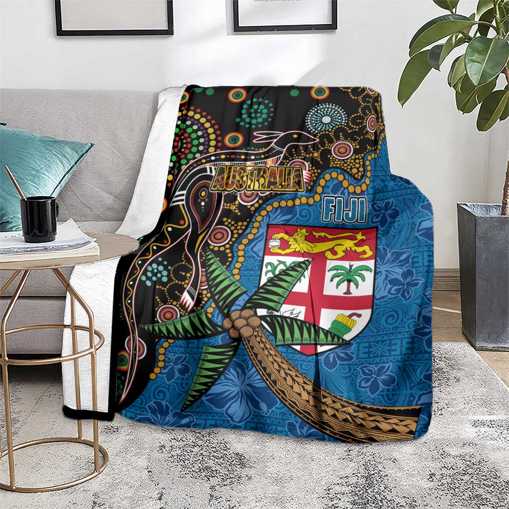 Fijian and Australian Culture Together Blanket Aboriginal Art and Tapa Motifs with Kangaroo and Palm Tree - Polynesian Pride