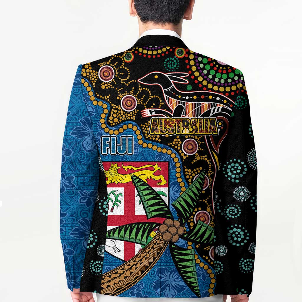 Fijian and Australian Culture Together Blazer Aboriginal Art and Tapa Motifs with Kangaroo and Palm Tree - Polynesian Pride