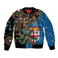 Fijian and Australian Culture Together Bomber Jacket Aboriginal Art and Tapa Motifs with Kangaroo and Palm Tree - Polynesian Pride