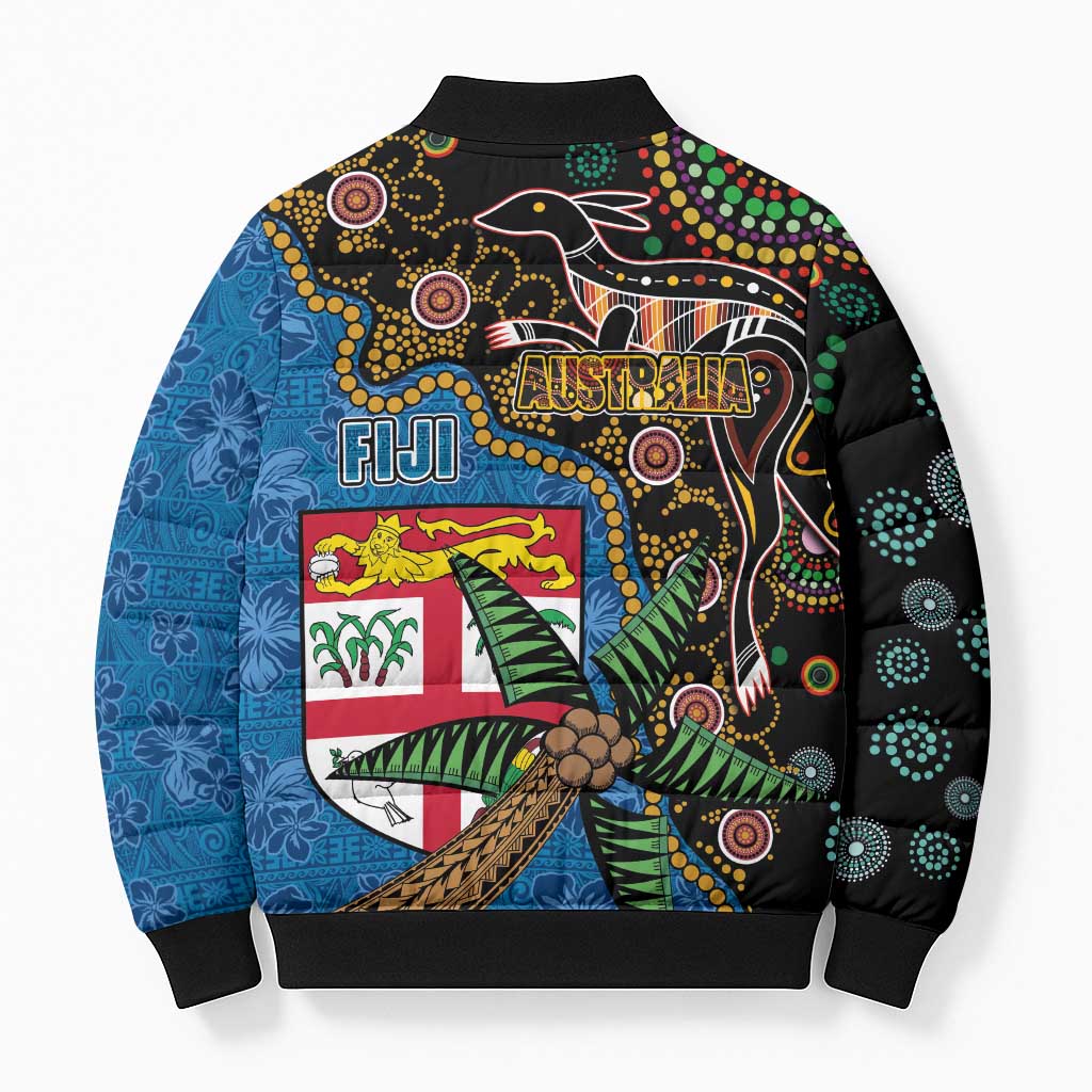 Fijian and Australian Culture Together Bomber Puffer Jacket Aboriginal Art and Tapa Motifs with Kangaroo and Palm Tree - Polynesian Pride