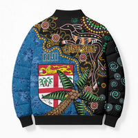 Fijian and Australian Culture Together Bomber Puffer Jacket Aboriginal Art and Tapa Motifs with Kangaroo and Palm Tree - Polynesian Pride
