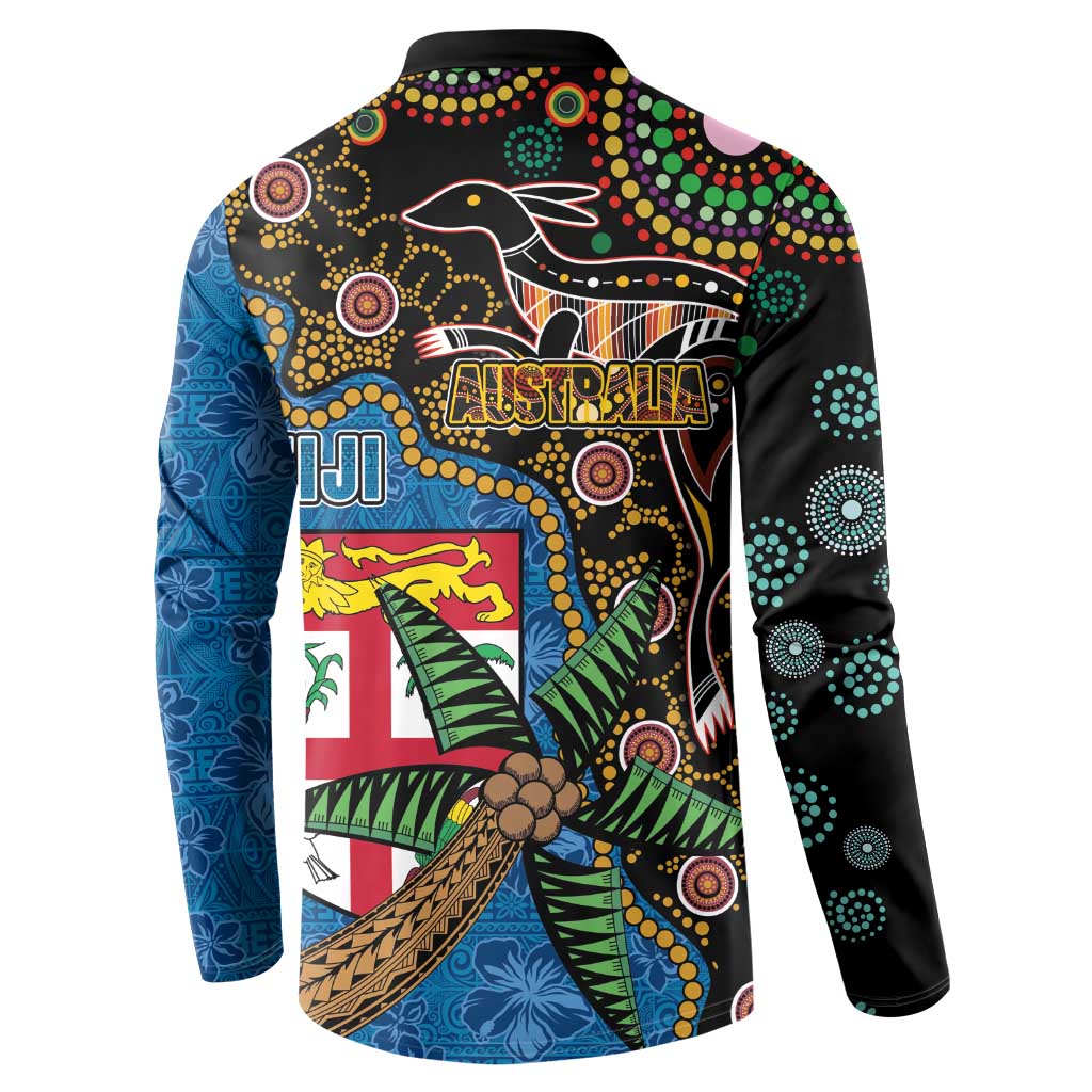 Fijian and Australian Culture Together Button Sweatshirt Aboriginal Art and Tapa Motifs with Kangaroo and Palm Tree - Polynesian Pride