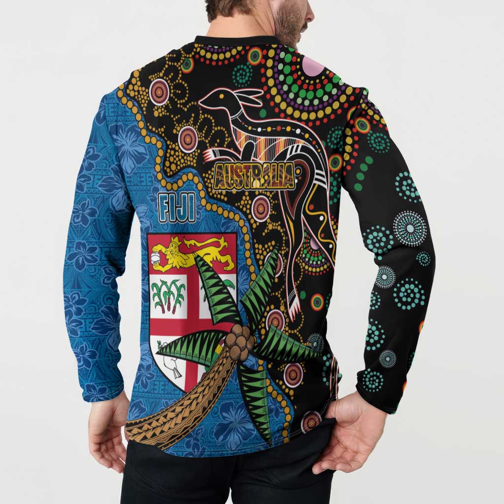 Fijian and Australian Culture Together Button Sweatshirt Aboriginal Art and Tapa Motifs with Kangaroo and Palm Tree - Polynesian Pride