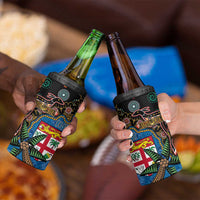 Fijian and Australian Culture Together 4 in 1 Can Cooler Tumbler Aboriginal Art and Tapa Motifs with Kangaroo and Palm Tree - Polynesian Pride