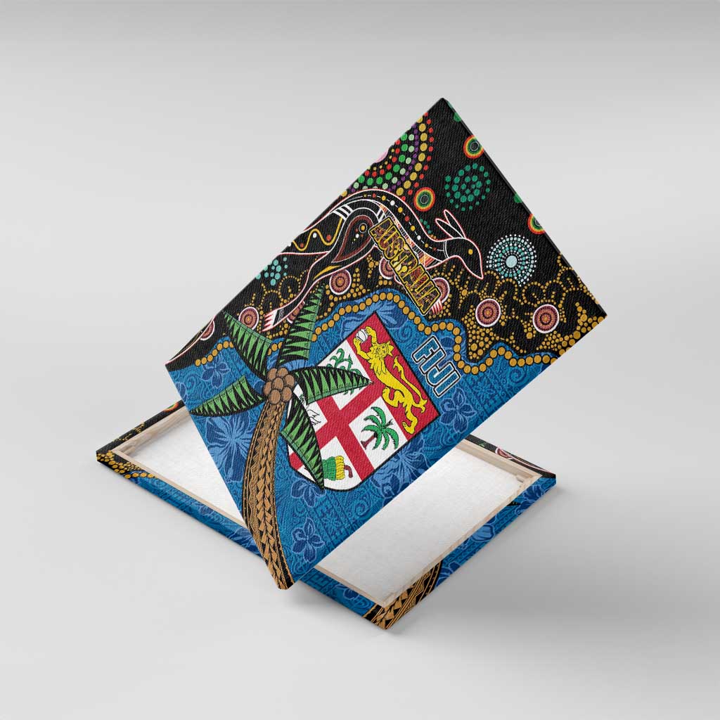 Fijian and Australian Culture Together Canvas Wall Art Aboriginal Art and Tapa Motifs with Kangaroo and Palm Tree - Polynesian Pride