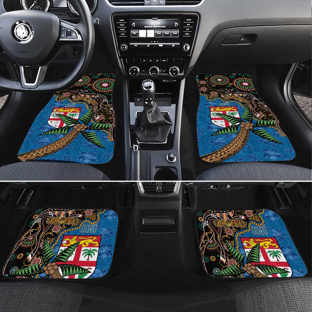 Fijian and Australian Culture Together Car Mats Aboriginal Art and Tapa Motifs with Kangaroo and Palm Tree - Polynesian Pride