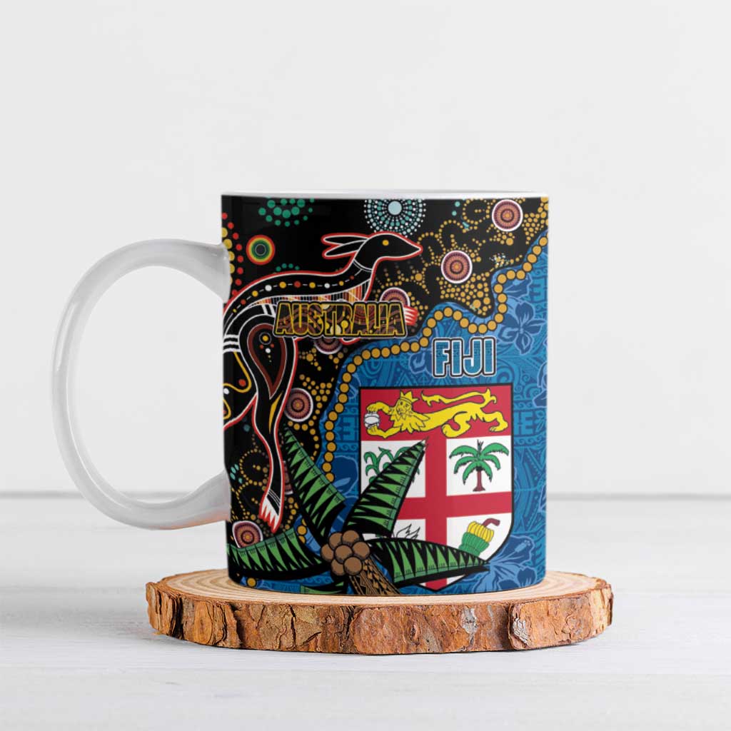 Fijian and Australian Culture Together Ceramic Mug Aboriginal Art and Tapa Motifs with Kangaroo and Palm Tree - Polynesian Pride