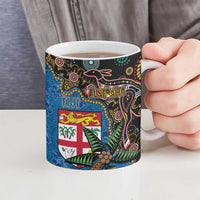 Fijian and Australian Culture Together Ceramic Mug Aboriginal Art and Tapa Motifs with Kangaroo and Palm Tree - Polynesian Pride