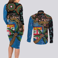 Fijian and Australian Culture Together Couples Matching Long Sleeve Bodycon Dress and Long Sleeve Button Shirt Aboriginal Art and Tapa Motifs with Kangaroo and Palm Tree - Polynesian Pride