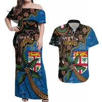 Fijian and Australian Culture Together Couples Matching Off Shoulder Maxi Dress and Hawaiian Shirt Aboriginal Art and Tapa Motifs with Kangaroo and Palm Tree - Polynesian Pride