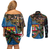 Fijian and Australian Culture Together Couples Matching Off Shoulder Short Dress and Long Sleeve Button Shirt Aboriginal Art and Tapa Motifs with Kangaroo and Palm Tree - Polynesian Pride