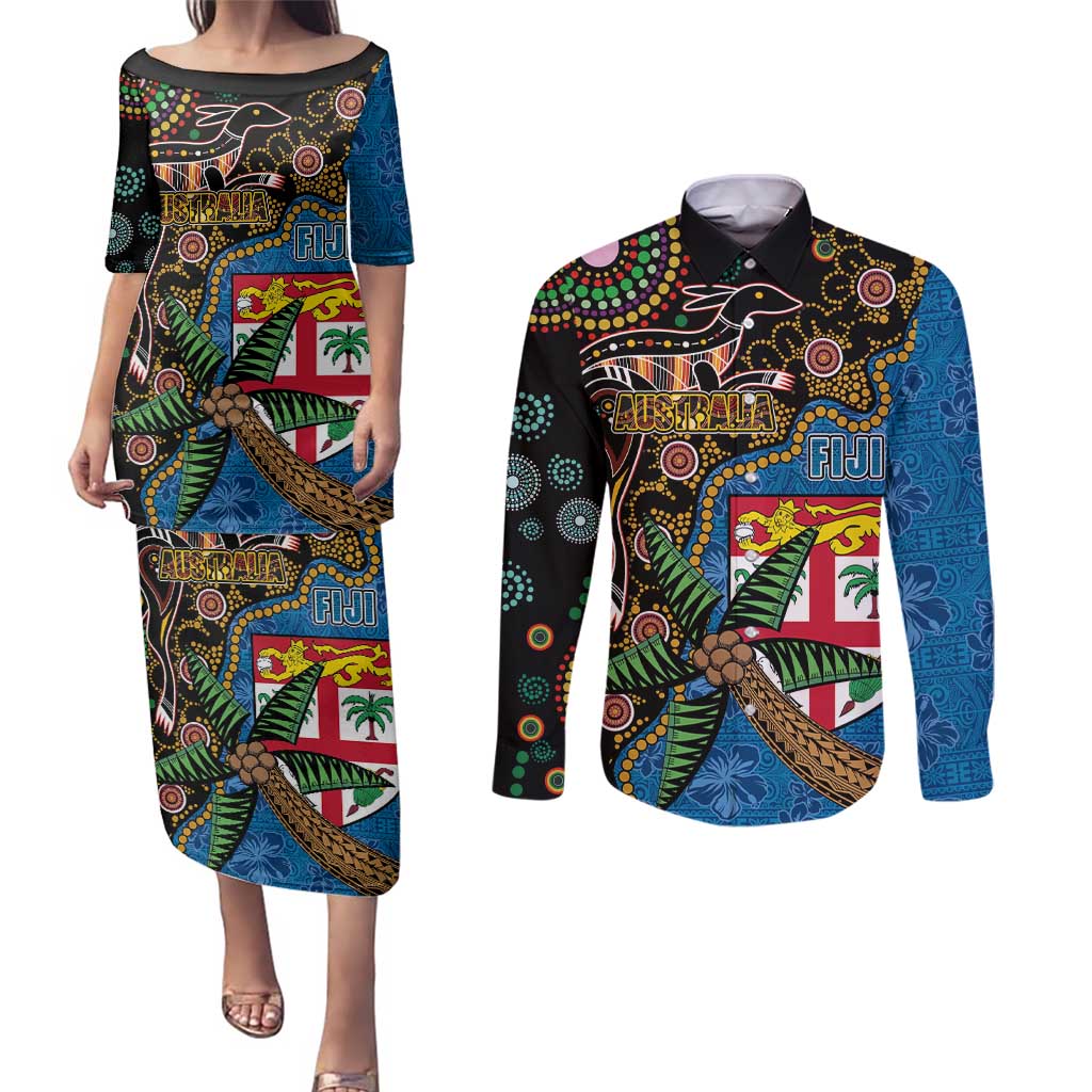 Fijian and Australian Culture Together Couples Matching Puletasi and Long Sleeve Button Shirt Aboriginal Art and Tapa Motifs with Kangaroo and Palm Tree - Polynesian Pride