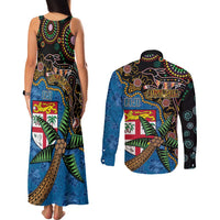 Fijian and Australian Culture Together Couples Matching Tank Maxi Dress and Long Sleeve Button Shirt Aboriginal Art and Tapa Motifs with Kangaroo and Palm Tree - Polynesian Pride