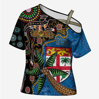 Fijian and Australian Culture Together Cross Shoulder Shirt Aboriginal Art and Tapa Motifs with Kangaroo and Palm Tree - Polynesian Pride