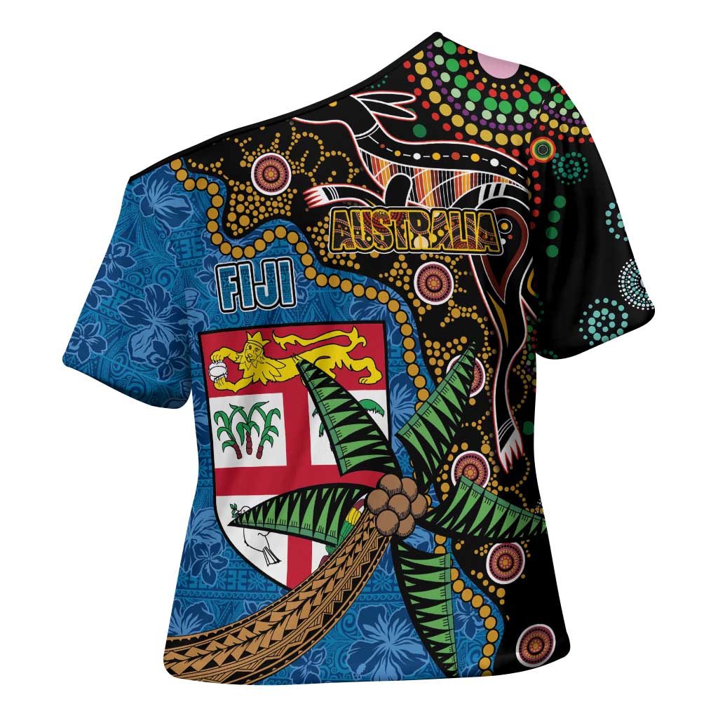 Fijian and Australian Culture Together Cross Shoulder Shirt Aboriginal Art and Tapa Motifs with Kangaroo and Palm Tree - Polynesian Pride