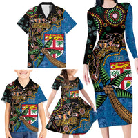 Fijian and Australian Culture Together Family Matching Long Sleeve Bodycon Dress and Hawaiian Shirt Aboriginal Art and Tapa Motifs with Kangaroo and Palm Tree - Polynesian Pride