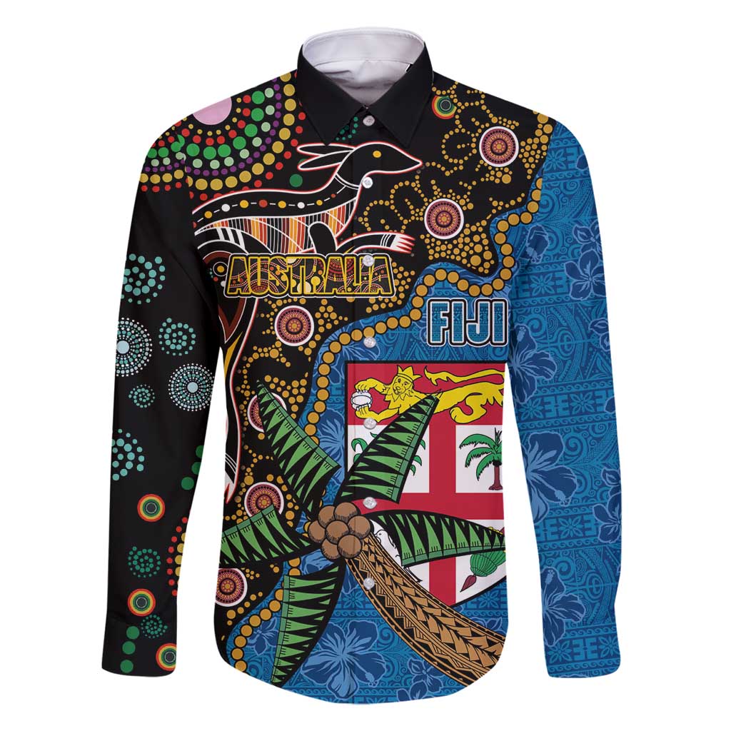 Fijian and Australian Culture Together Family Matching Long Sleeve Bodycon Dress and Hawaiian Shirt Aboriginal Art and Tapa Motifs with Kangaroo and Palm Tree - Polynesian Pride