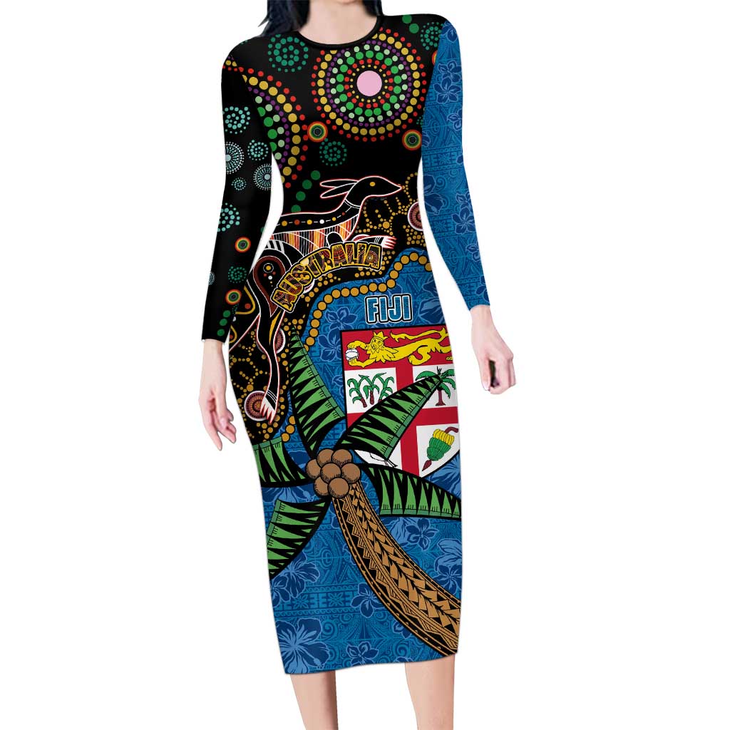 Fijian and Australian Culture Together Family Matching Long Sleeve Bodycon Dress and Hawaiian Shirt Aboriginal Art and Tapa Motifs with Kangaroo and Palm Tree - Polynesian Pride