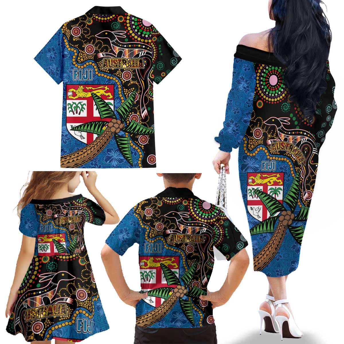 Fijian and Australian Culture Together Family Matching Off The Shoulder Long Sleeve Dress and Hawaiian Shirt Aboriginal Art and Tapa Motifs with Kangaroo and Palm Tree - Polynesian Pride