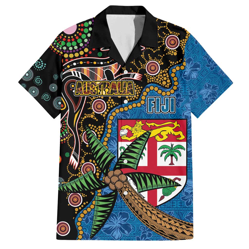 Fijian and Australian Culture Together Family Matching Off Shoulder Short Dress and Hawaiian Shirt Aboriginal Art and Tapa Motifs with Kangaroo and Palm Tree - Polynesian Pride