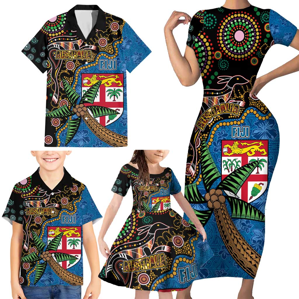 Fijian and Australian Culture Together Family Matching Short Sleeve Bodycon Dress and Hawaiian Shirt Aboriginal Art and Tapa Motifs with Kangaroo and Palm Tree - Polynesian Pride