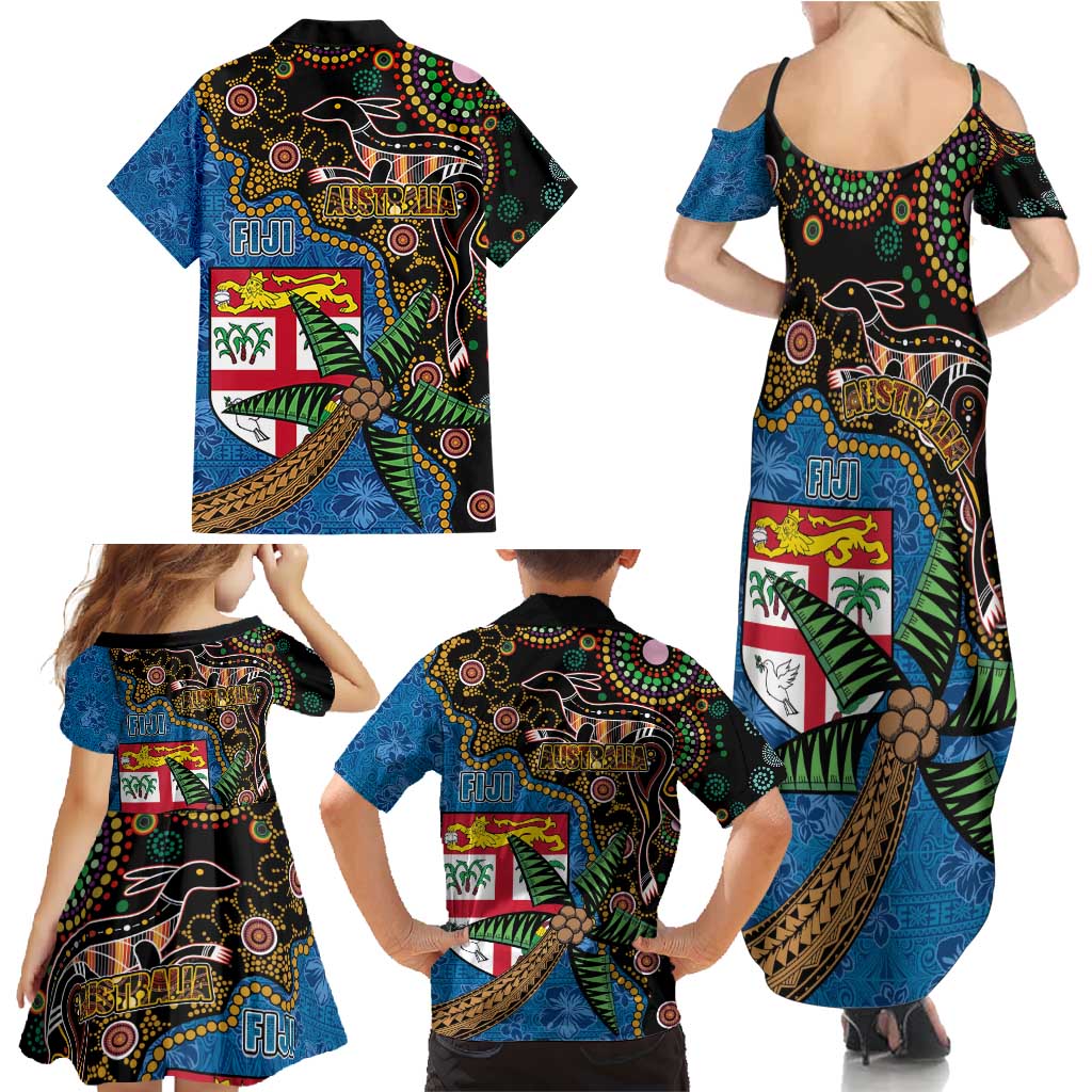 Fijian and Australian Culture Together Family Matching Summer Maxi Dress and Hawaiian Shirt Aboriginal Art and Tapa Motifs with Kangaroo and Palm Tree - Polynesian Pride