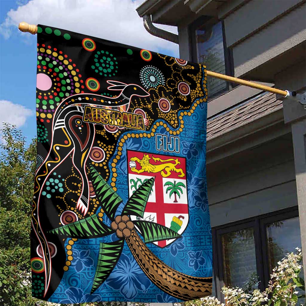 Fijian and Australian Culture Together Garden Flag Aboriginal Art and Tapa Motifs with Kangaroo and Palm Tree - Polynesian Pride