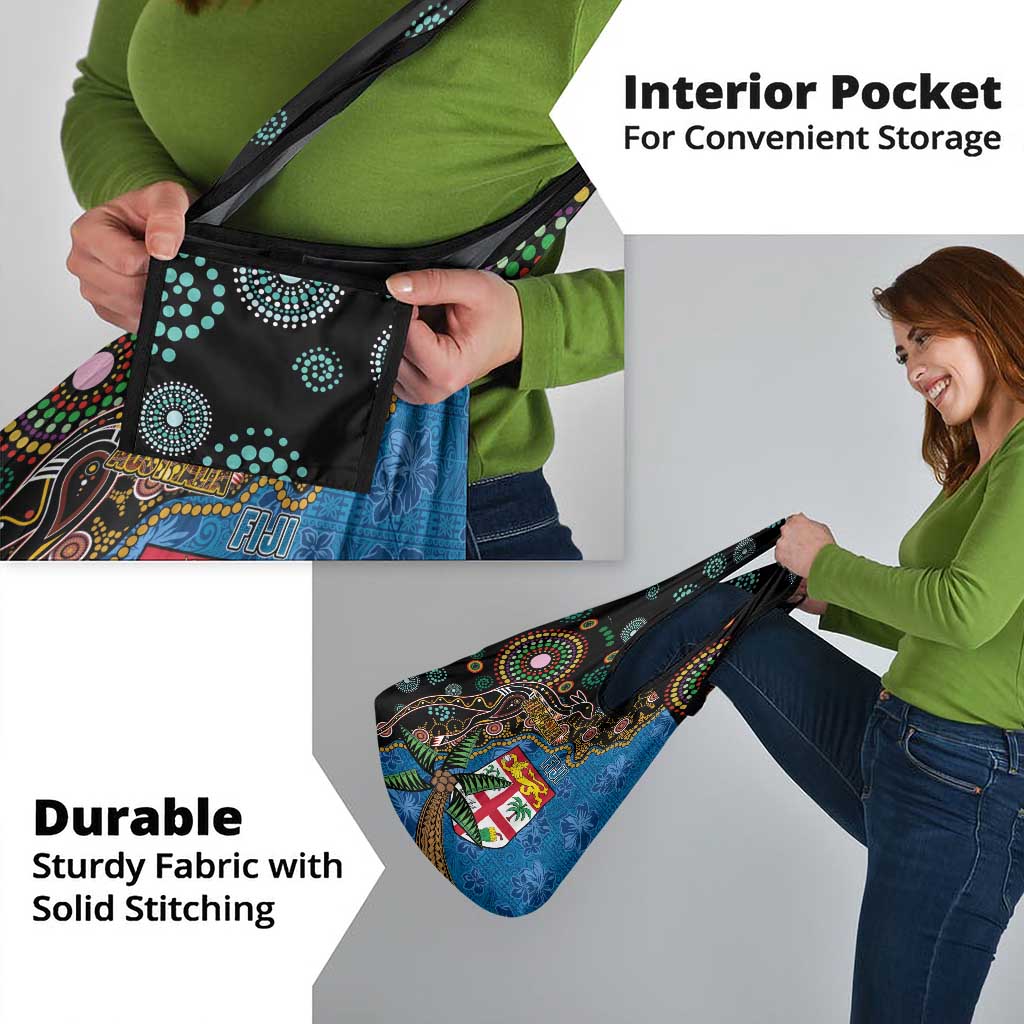 Fijian and Australian Culture Together Grocery Bag Aboriginal Art and Tapa Motifs with Kangaroo and Palm Tree - Polynesian Pride