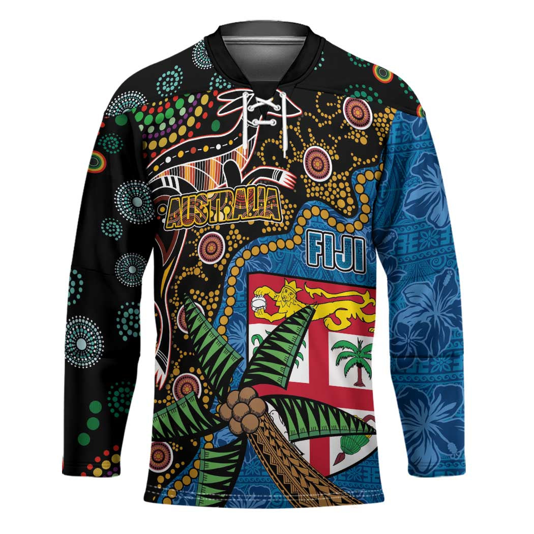 Fijian and Australian Culture Together Hockey Jersey Aboriginal Art and Tapa Motifs with Kangaroo and Palm Tree - Polynesian Pride