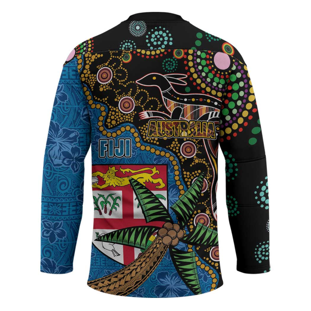 Fijian and Australian Culture Together Hockey Jersey Aboriginal Art and Tapa Motifs with Kangaroo and Palm Tree - Polynesian Pride