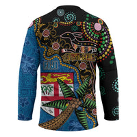 Fijian and Australian Culture Together Hockey Jersey Aboriginal Art and Tapa Motifs with Kangaroo and Palm Tree - Polynesian Pride