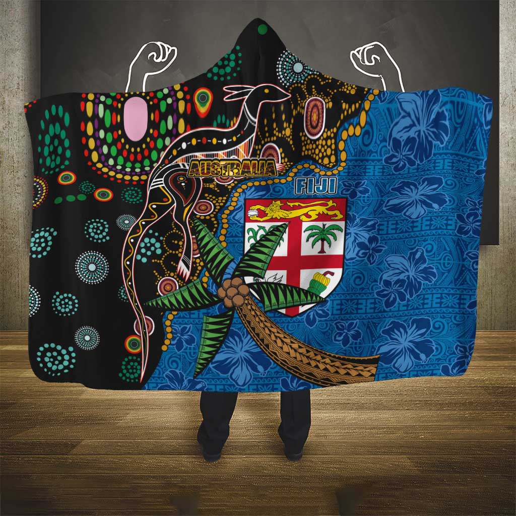 Fijian and Australian Culture Together Hooded Blanket Aboriginal Art and Tapa Motifs with Kangaroo and Palm Tree - Polynesian Pride