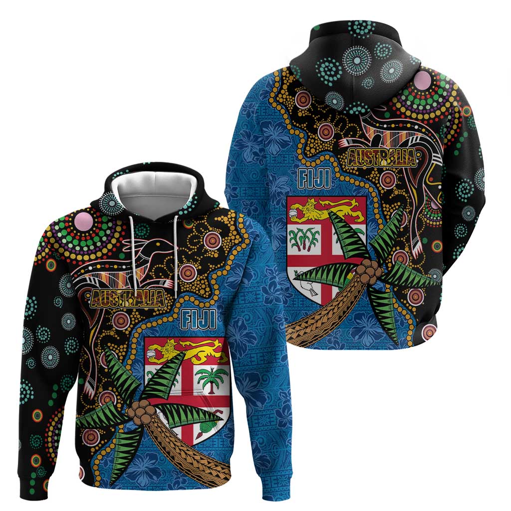 Fijian and Australian Culture Together Hoodie Aboriginal Art and Tapa Motifs with Kangaroo and Palm Tree - Polynesian Pride