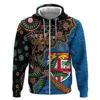 Fijian and Australian Culture Together Hoodie Aboriginal Art and Tapa Motifs with Kangaroo and Palm Tree - Polynesian Pride