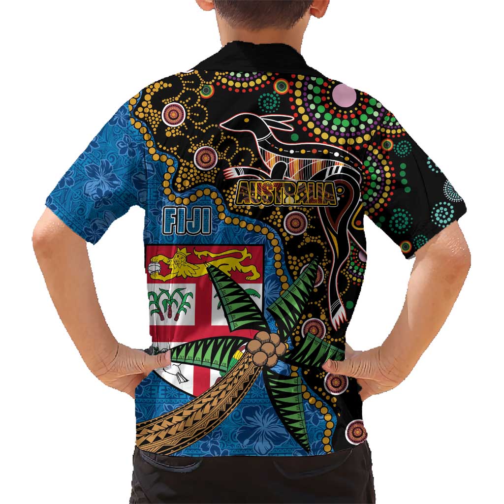Fijian and Australian Culture Together Kid Hawaiian Shirt Aboriginal Art and Tapa Motifs with Kangaroo and Palm Tree - Polynesian Pride