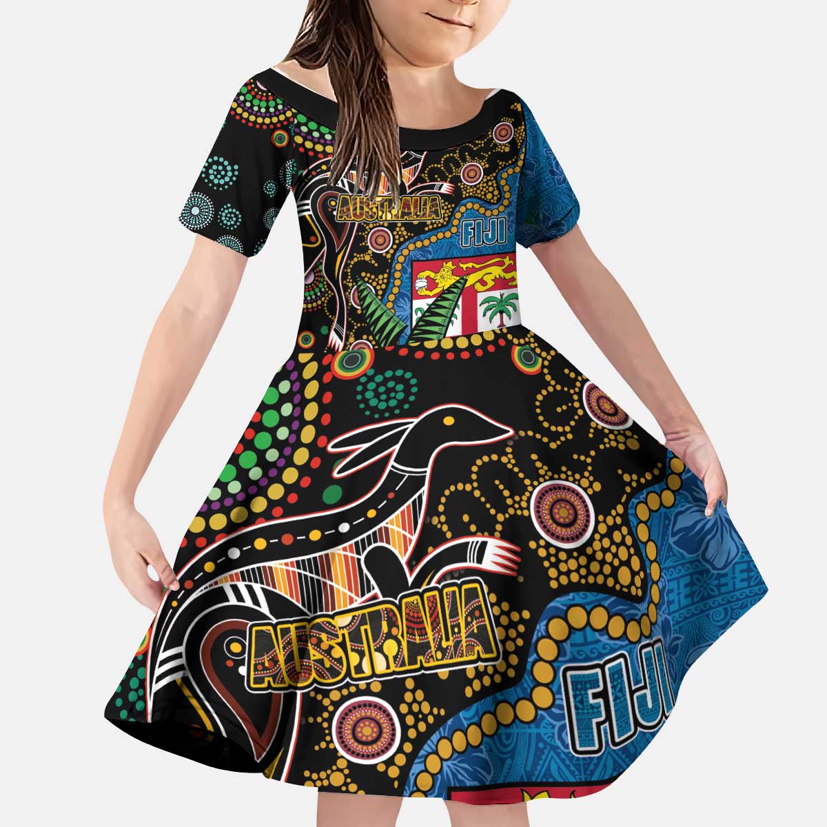 Fijian and Australian Culture Together Kid Short Sleeve Dress Aboriginal Art and Tapa Motifs with Kangaroo and Palm Tree - Polynesian Pride