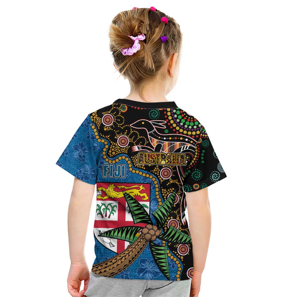 Fijian and Australian Culture Together Kid T Shirt Aboriginal Art and Tapa Motifs with Kangaroo and Palm Tree - Polynesian Pride