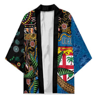 Fijian and Australian Culture Together Kimono Aboriginal Art and Tapa Motifs with Kangaroo and Palm Tree - Polynesian Pride