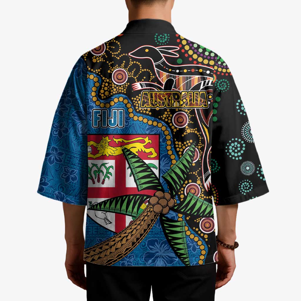 Fijian and Australian Culture Together Kimono Aboriginal Art and Tapa Motifs with Kangaroo and Palm Tree - Polynesian Pride