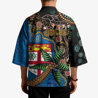 Fijian and Australian Culture Together Kimono Aboriginal Art and Tapa Motifs with Kangaroo and Palm Tree - Polynesian Pride
