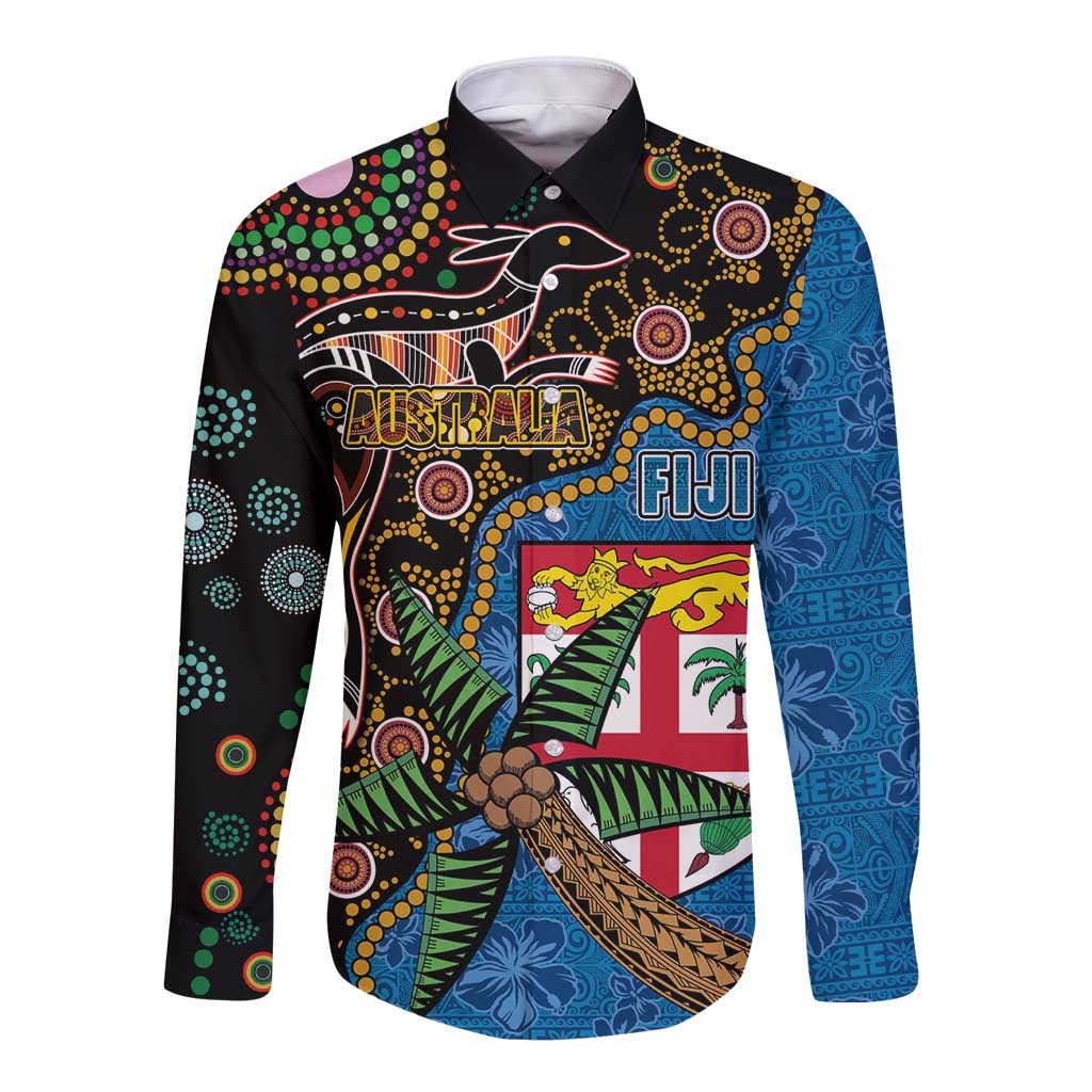 Fijian and Australian Culture Together Long Sleeve Button Shirt Aboriginal Art and Tapa Motifs with Kangaroo and Palm Tree - Polynesian Pride