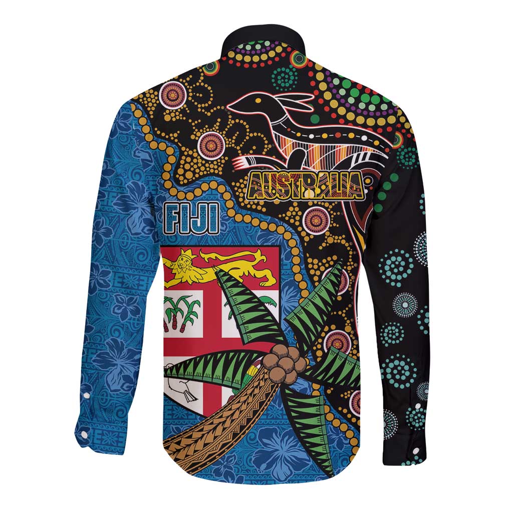 Fijian and Australian Culture Together Long Sleeve Button Shirt Aboriginal Art and Tapa Motifs with Kangaroo and Palm Tree - Polynesian Pride