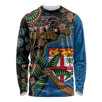 Fijian and Australian Culture Together Long Sleeve Shirt Aboriginal Art and Tapa Motifs with Kangaroo and Palm Tree - Polynesian Pride